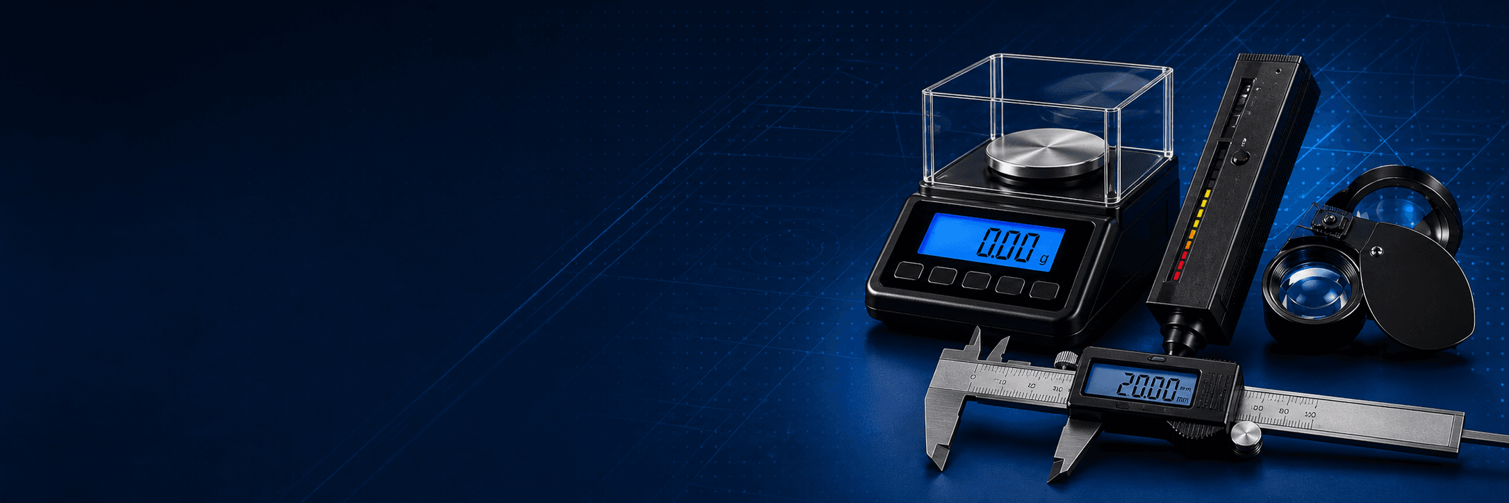 Precision scale, diamond tester, jeweller's loupe and digital caliper